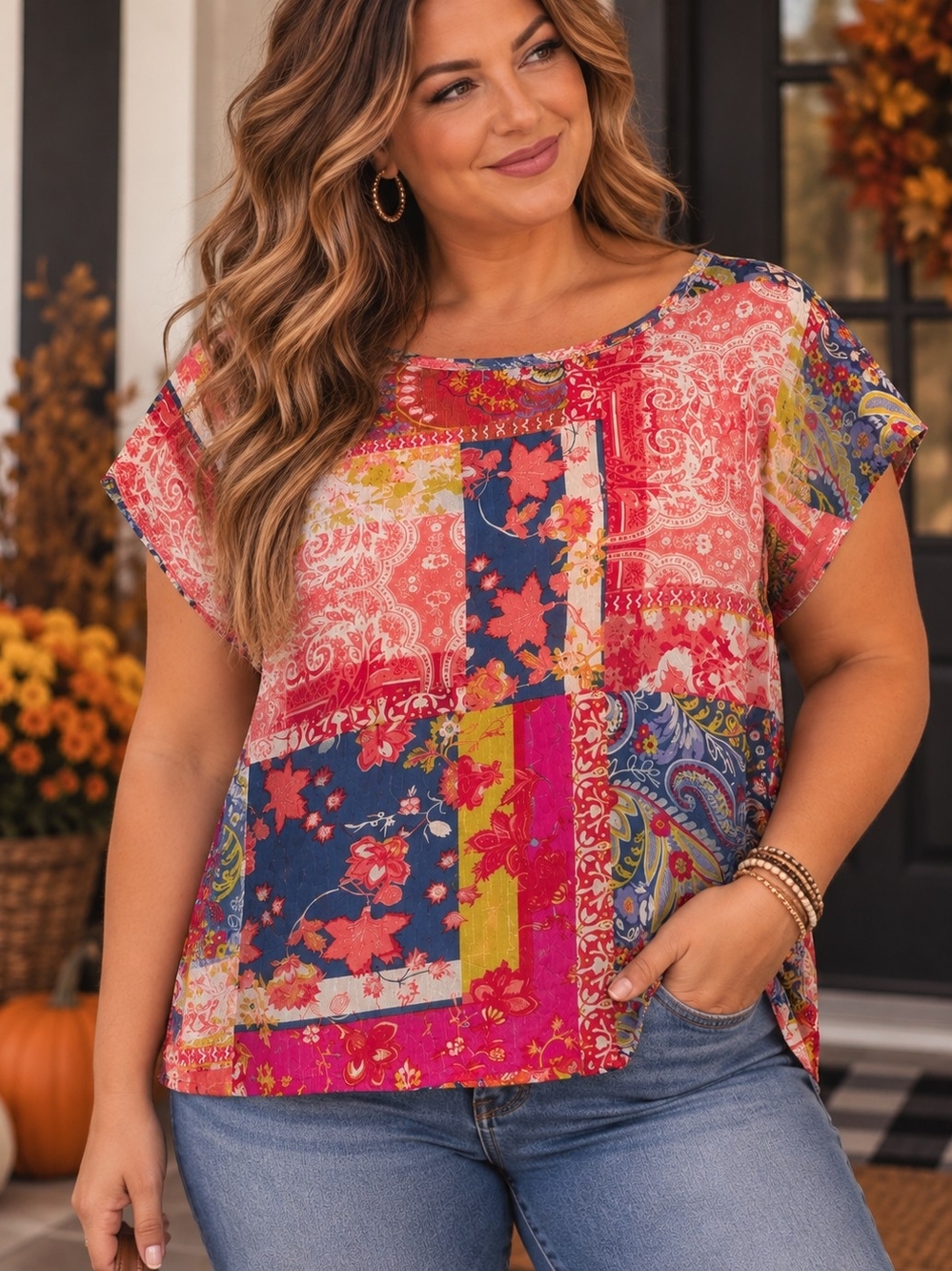 Jones New York 1X Colorful Patchwork Paisley Floral Boho Blouse